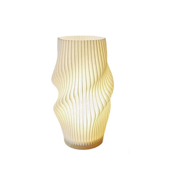 Eco-friendly 3D-printed LED table lamp with tri-colour dimming, modern design, and warm ambient lighting for bedrooms, desks, and living spaces.