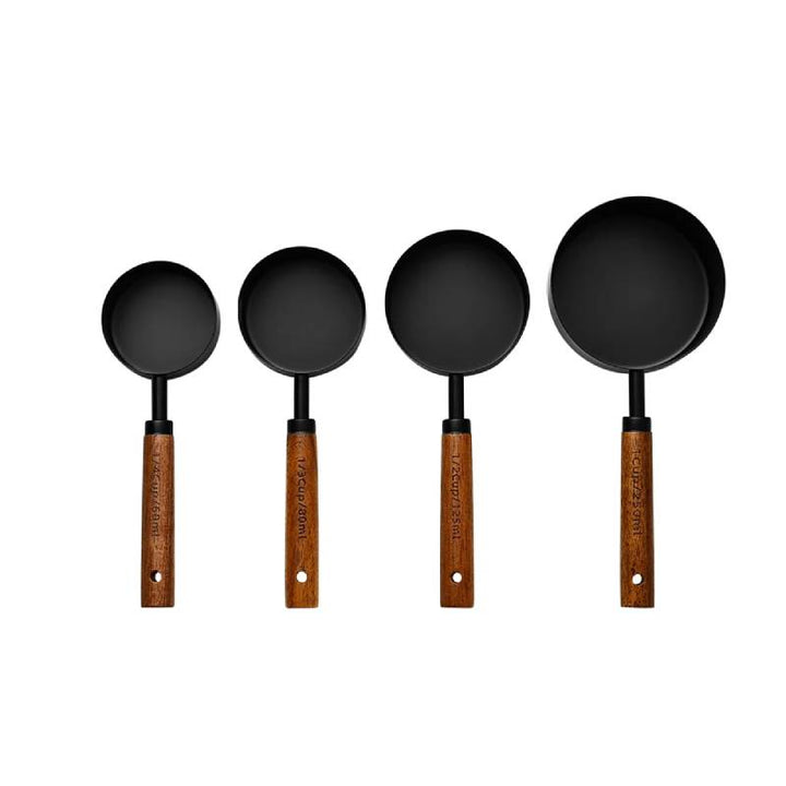 4pc large black & wood measuring cups, stainless steel for kitchen baking.