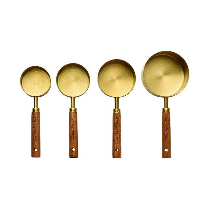 4pc large gold & wood measuring cups, stainless steel for kitchen baking.