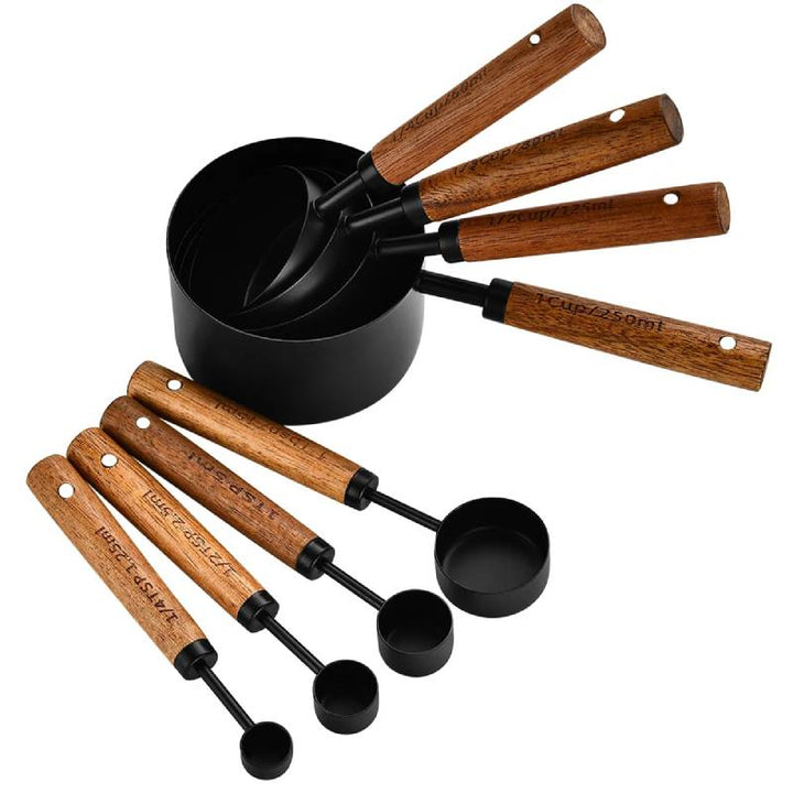 8pc black & wood measuring set, stainless steel cups & spoons for baking.