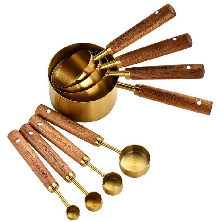 8pc gold & wood measuring set, stainless steel cups & spoons for baking.