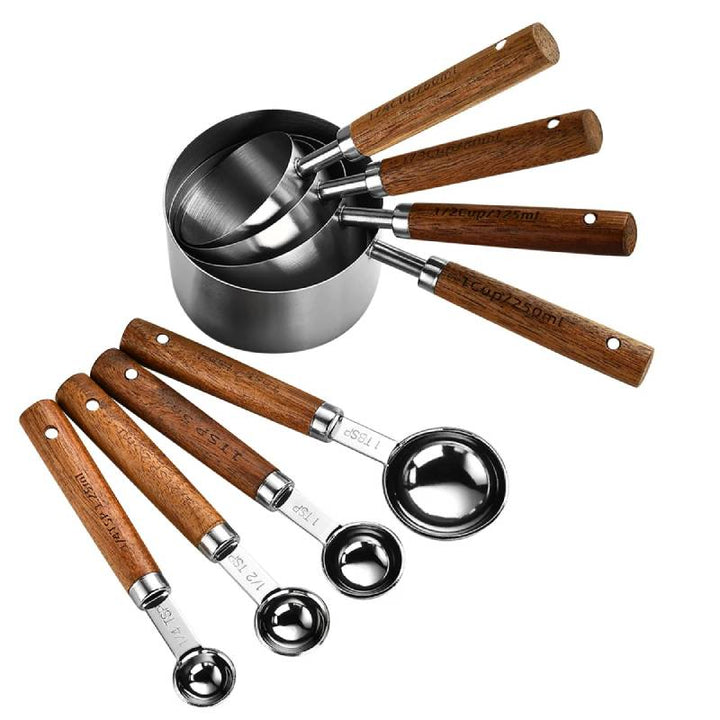 8pc silver & wood measuring set, stainless steel cups & spoons for baking.