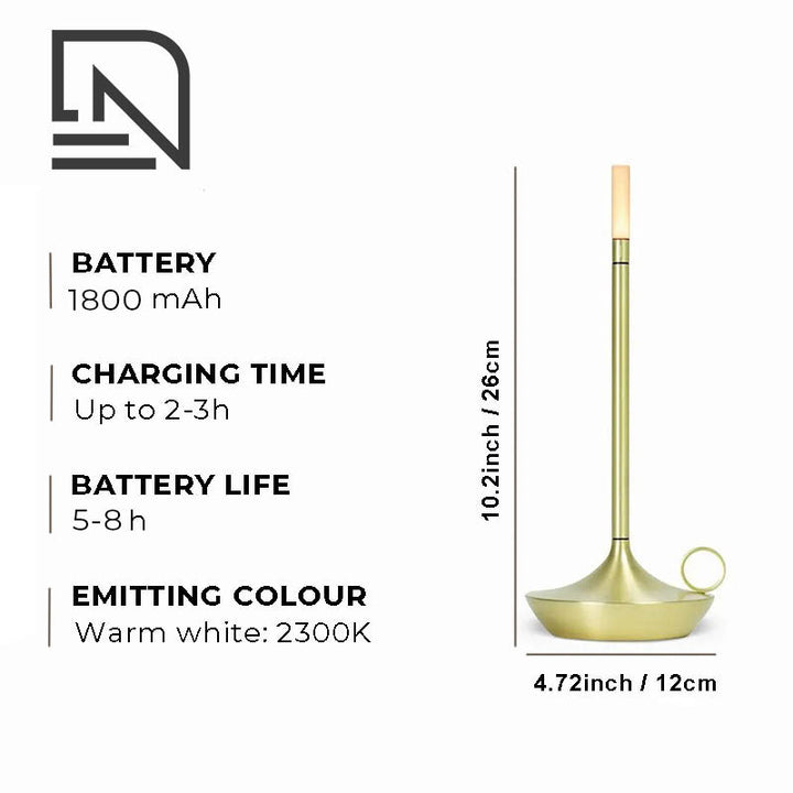 Gold-colored cordless LED lamp with battery information and dimensions on a white background