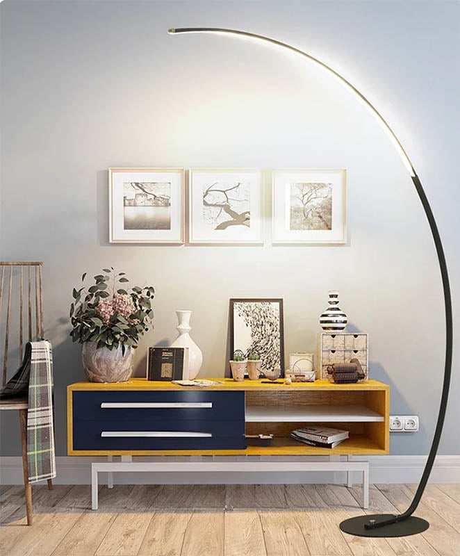 Dimmable ARC Floor Lamp with curved light bar ideal for ambient lighting in uk living spaces.