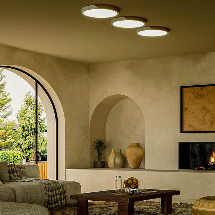 AURA elegant LED ceiling light with remote control, featuring a wood and iron frame, modern design, and adjustable brightness.