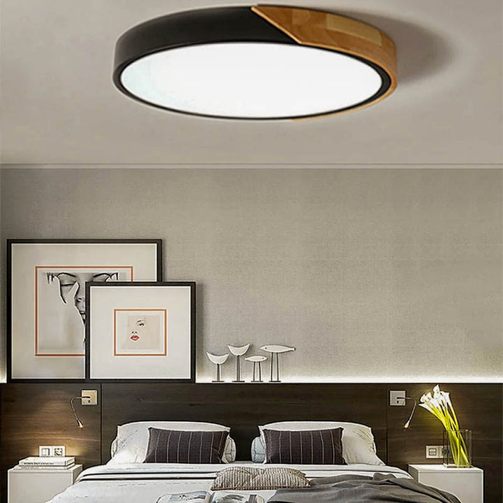 AURA elegant LED ceiling light with remote control, featuring a wood and iron frame, modern design, and adjustable brightness.