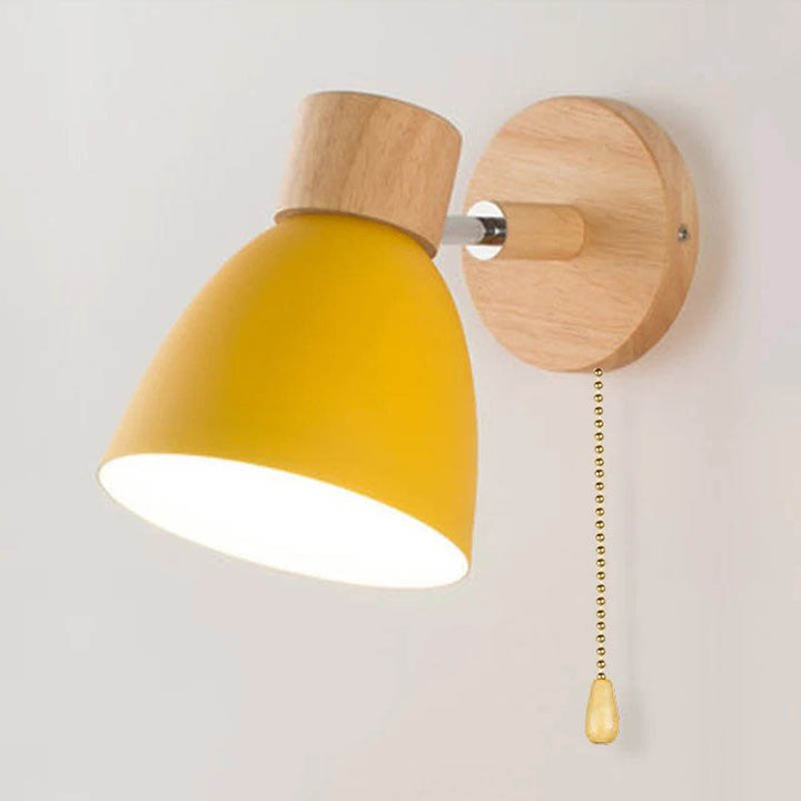 Yellow Nordic wall lamp with natural wood backplate,  minimalist light for living room or study