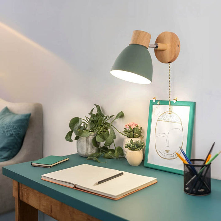 Modern Nordic wall lamp in green and wood finish, E27 base, iron and wood design, ideal for reading or workspace lighting