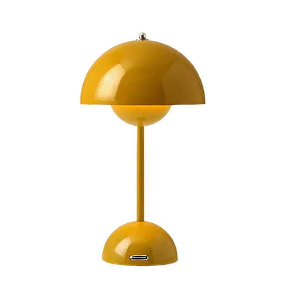 Yellow rechargeable dome table lamp with USB port, modern minimalist design, shown on a white background.