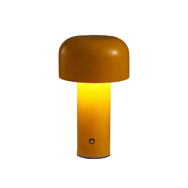 BOLETE cordless yellow mushroom table lamp, matte metal finish, warm LED light, USB rechargeable and portable.