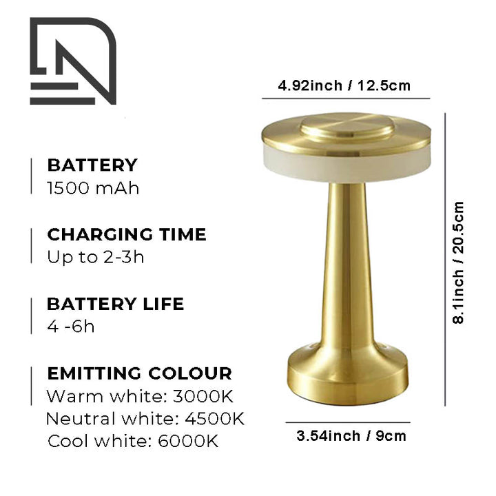 Retro LED table lamp with dimmable light, USB rechargeable design, and a vintage-inspired aesthetic, ideal for bedside or workspace lighting.