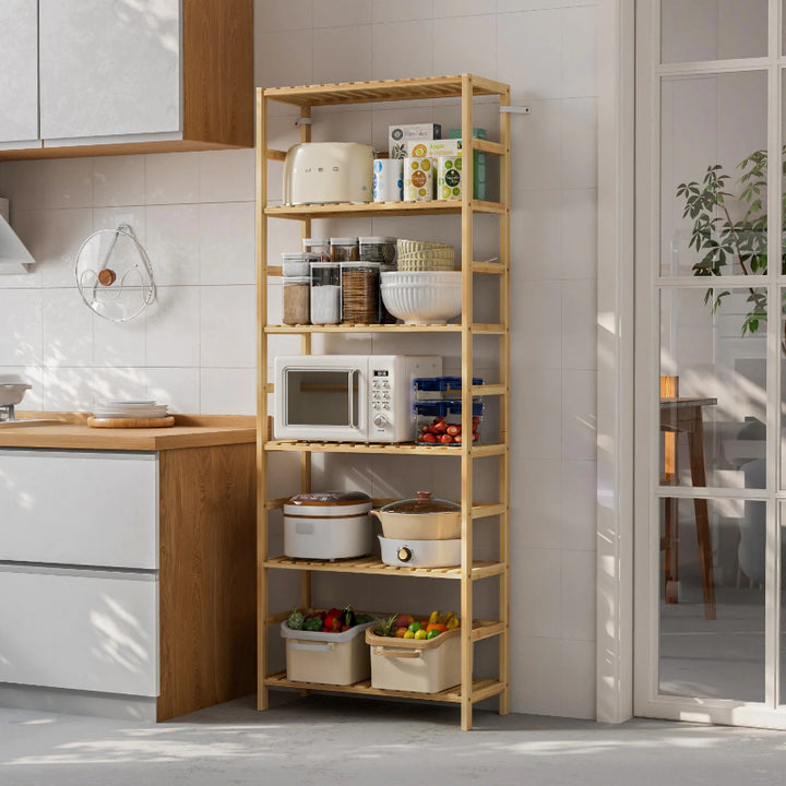 Wooden shelf with kitchen appliances and items in a modern kitchen.