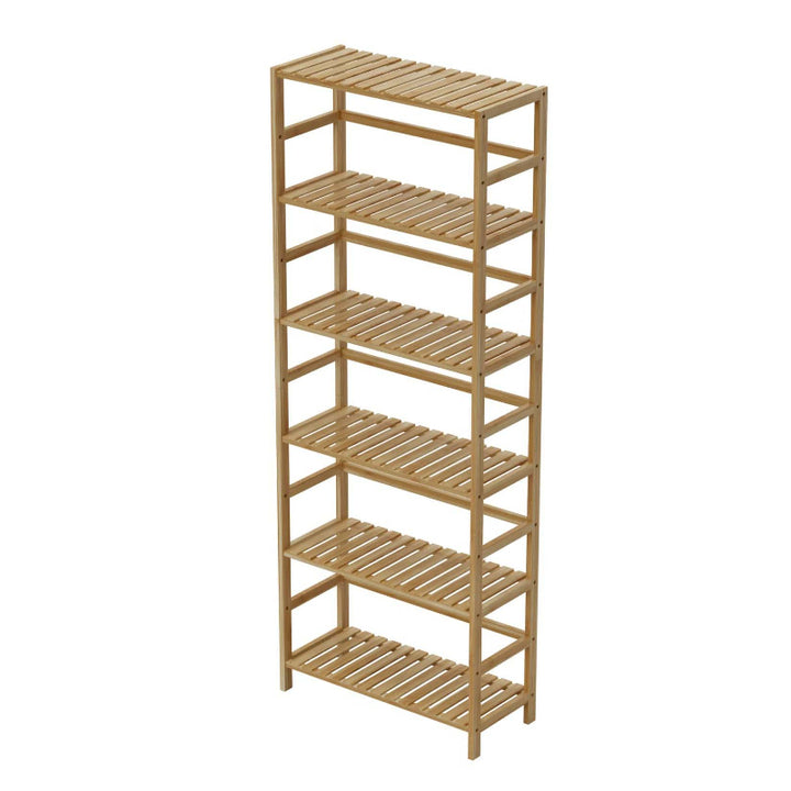 Bamboo shelf with five shelves on a white background