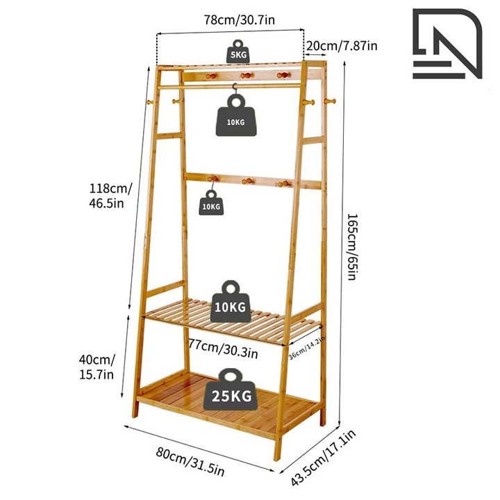 Size guide for Nordic bamboo clothes rack – 80 × 43.5 × 165 cm, 3 storage levels, 10 hooks, max capacity 100kg