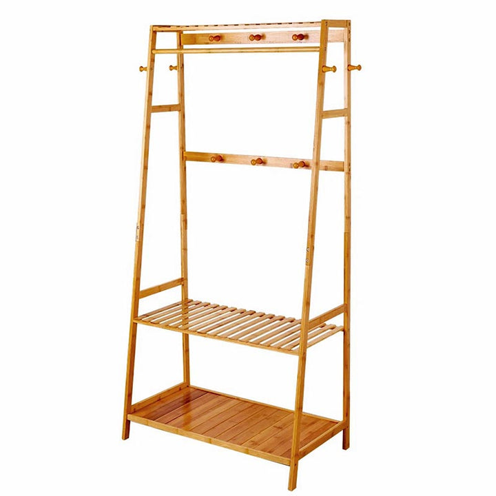 Nordic Essentials bamboo clothes rack with hanging rail and bottom shelves, natural wood finish, flat-pack design