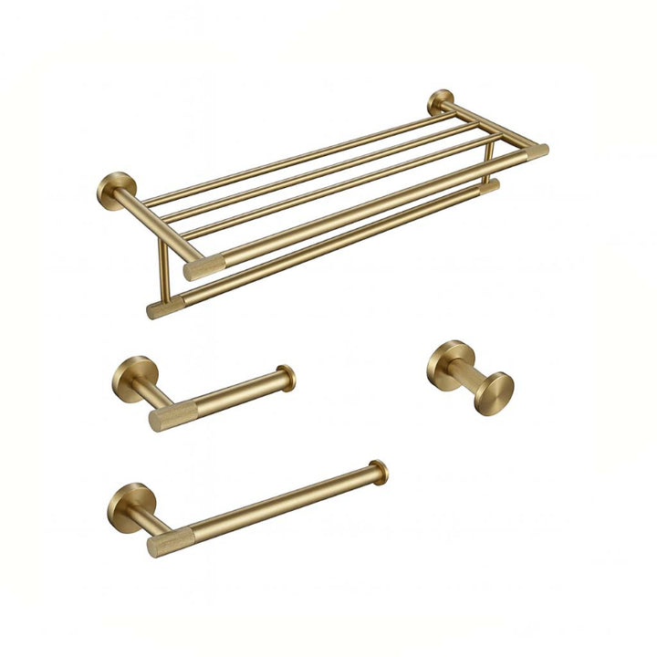 Set of gold bathroom fixtures including a towel rack and three handles on a white background