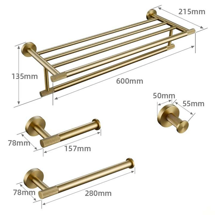 Bathroom hardware set with towel rack, toilet paper holder, and hook, showing dimensions on a white background.