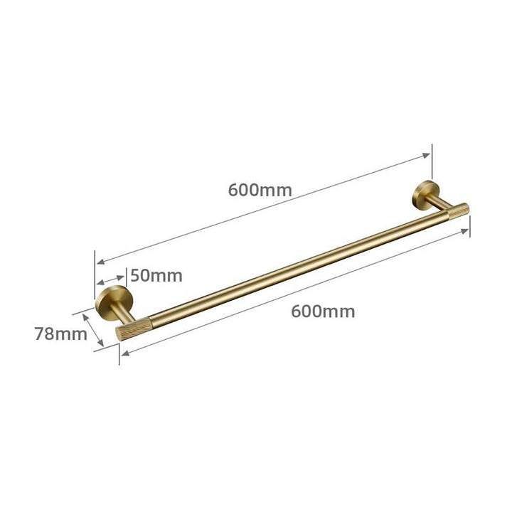Gold towel bar with dimensions labeled on a white background