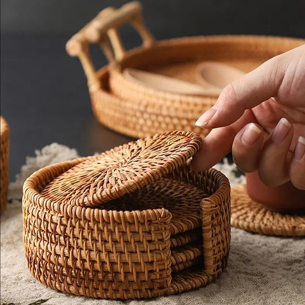 Boho Rattan Coasters Set of 6 – Handwoven Natural Drink Mats for Cups & Glasses