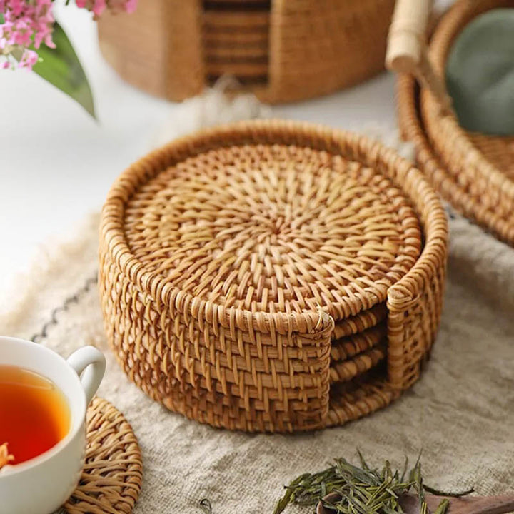 Boho rattan coasters set of 6 in natural holder, handwoven drink mats for tea cups and glasses, rustic kitchen accessory