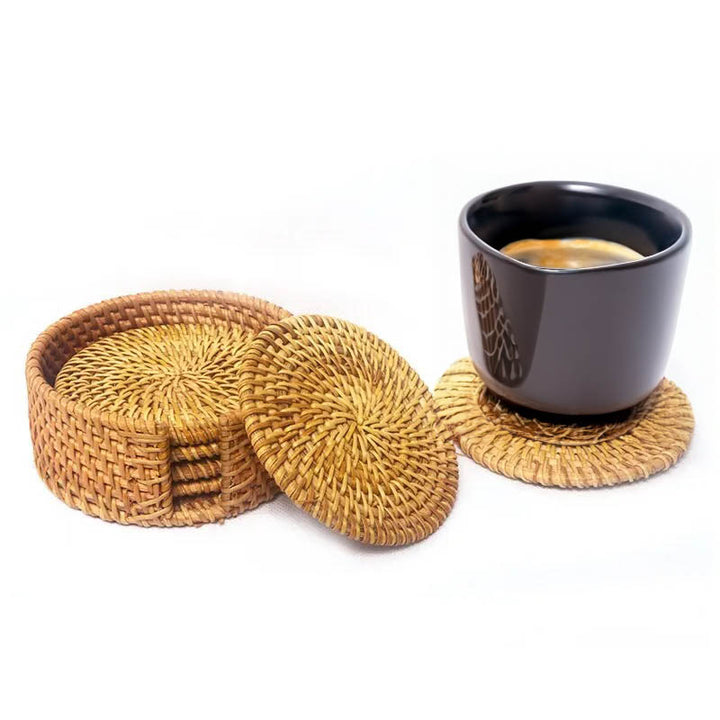 Natural rattan coasters set of 6 with storage holder, boho handwoven drink mats for coffee cups, rustic tableware