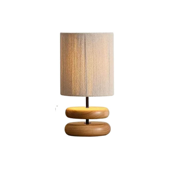 Ring boho table lamp with a Japandi-inspired natural wood base and fabric shade, perfect for cozy bedroom or living room lighting.