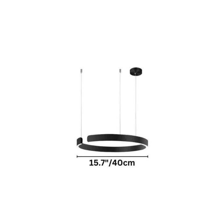 Elegant black circular chandelier with adjustable LED light, size 40cm, suspended by slim wires for a modern dining space.