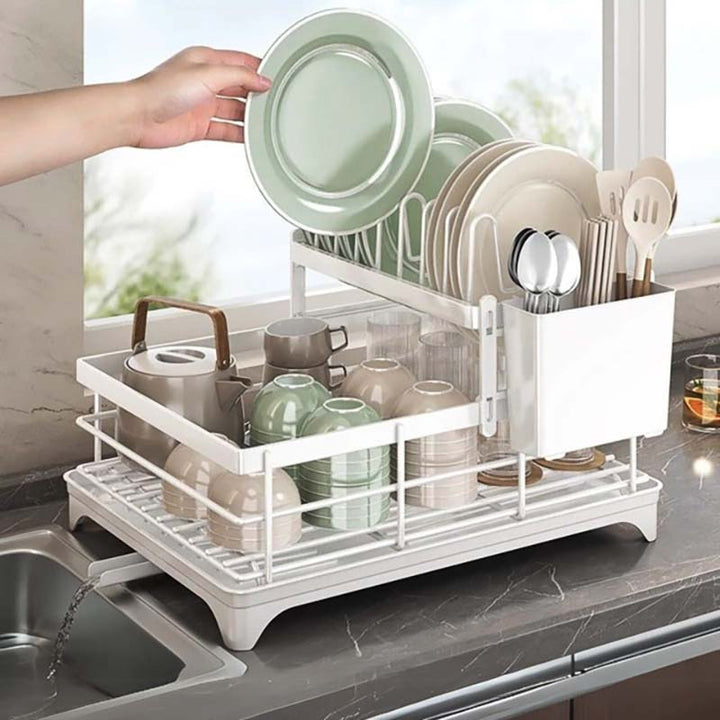 Dish rack with dishes on a kitchen counter