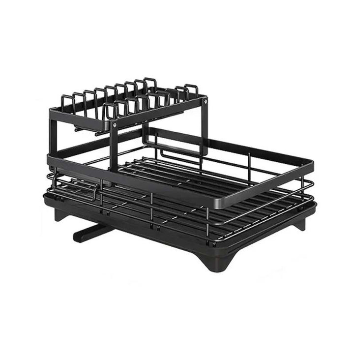 Black dish rack with two levels on a white background