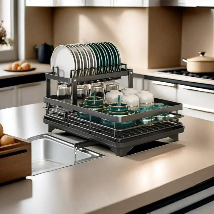 Dish drying rack with dishes on a kitchen counter