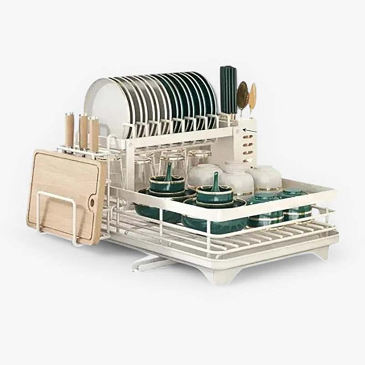White Dish drying rack with dishes on a white background