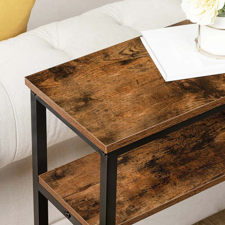 Modern Narrow Console Table with a white surface and a vase of flowers on a light-colored sofa.