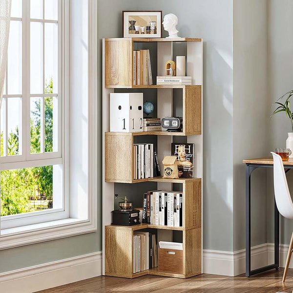 Corner Bookcase – 5-Tier Scandinavian Wooden Bookshelf, Natural Finish
