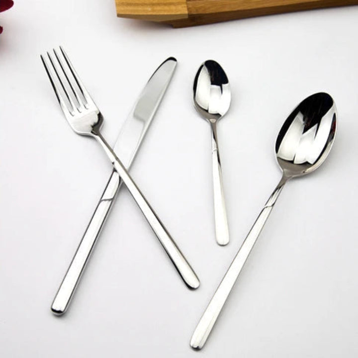 Stainless Steel Cutlery Set of  including a fork, knife, and two spoons on a white background.