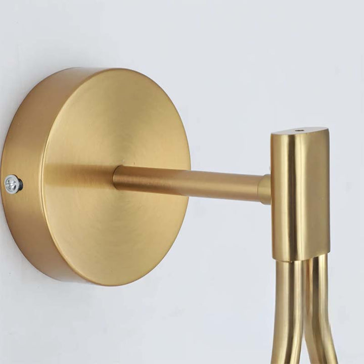 Brushed gold wall light fixture with minimalist round backplate and metal arm, part of a modern Nordic frosted glass wall lamp design for interior lighting.
