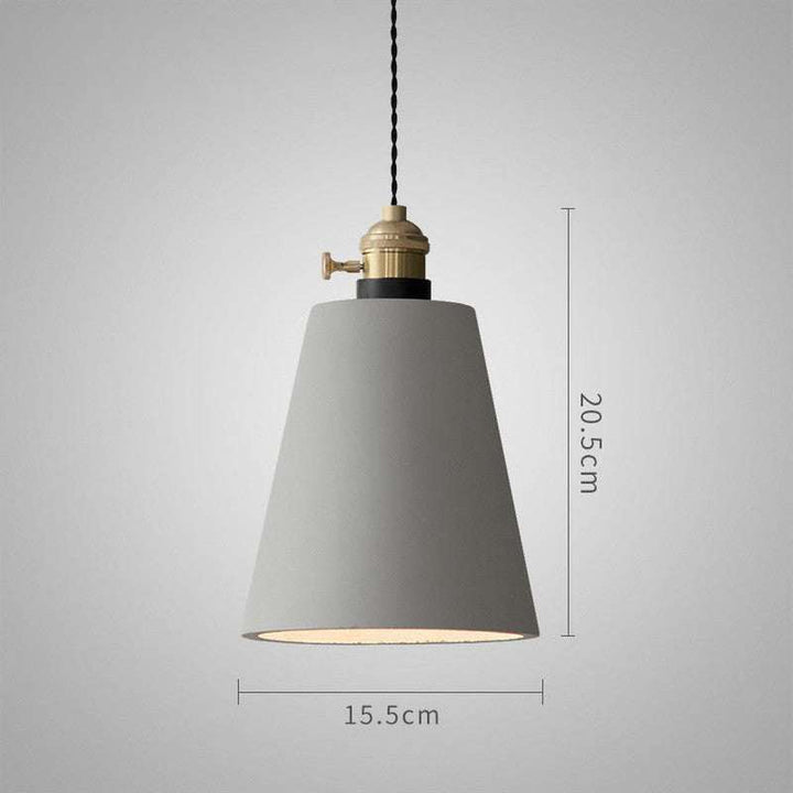 Minimalist grey concrete pendant light with brass fitting, 20.5cm height, 15.5cm width