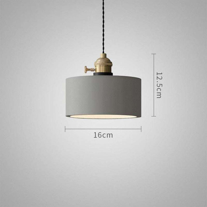 Round grey concrete pendant lamp, 16cm diameter, 12.5cm height with brass top fitting