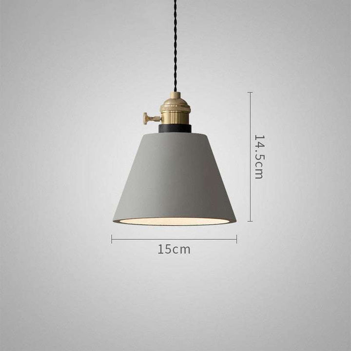 Small conical concrete pendant lamp with brass top, 15cm wide and 14.5cm tall