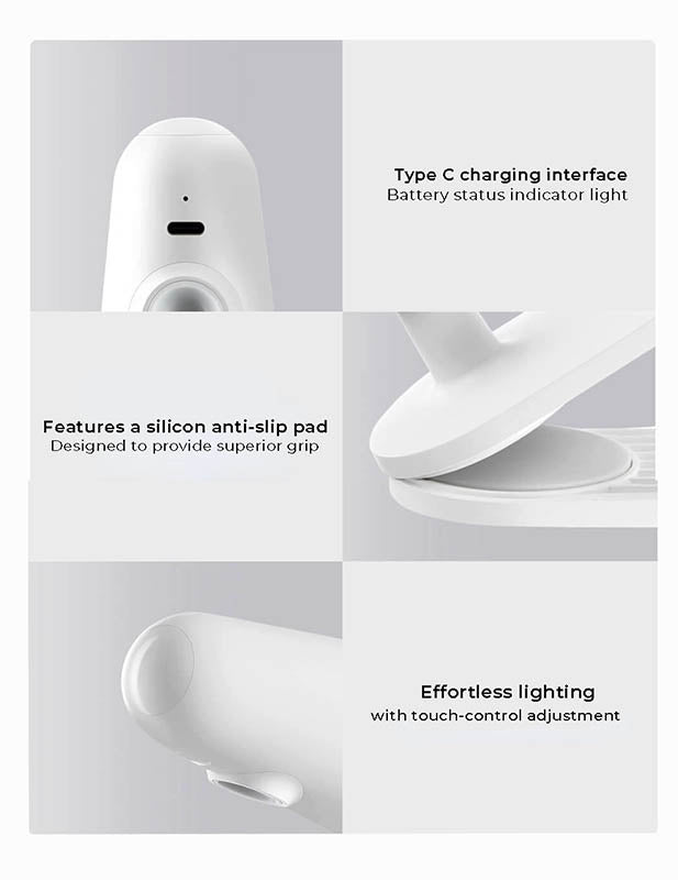 Side view of IMIJA LED lamp with 360-degree rotating head, demonstrating adjustable illumination for tasks like reading or crafting.