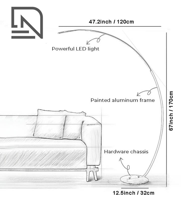 ARC minimalist LED floor lamp diagram with powerful LED light, painted aluminum frame, and hardware chassis. Dimmable Nordic living room light