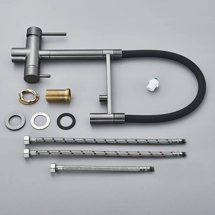Complete pull-out UK kitchen mixer tap kit in brushed metal with dual handle, flexible hose, and installation accessories
