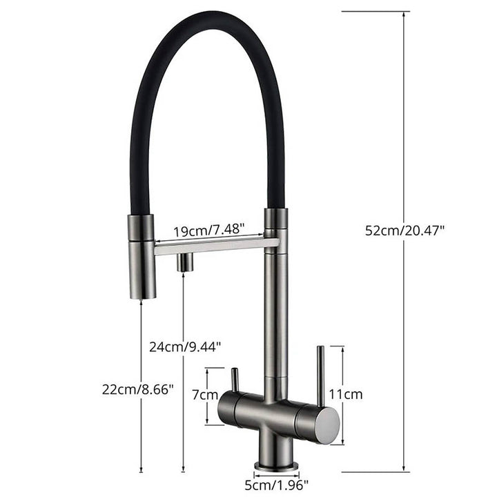 Measurements of Modern pull-out kitchen faucet with black hose, dual outlet in grey matte on white background