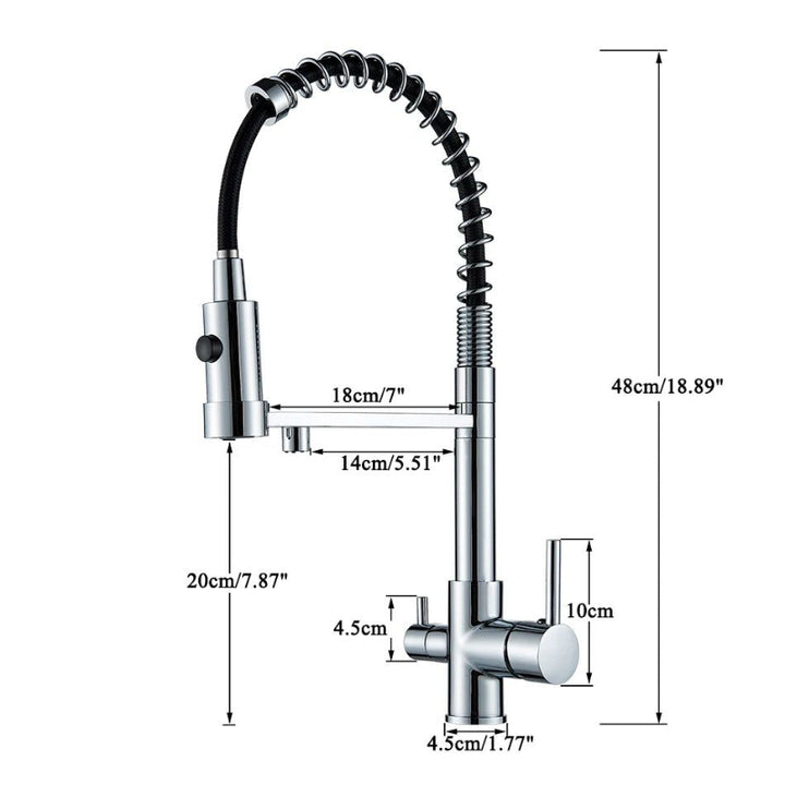 Chrome-plated pull-out kitchen faucet with coiled spring hose and dual water outlet, shown with detailed height and spout dimensions