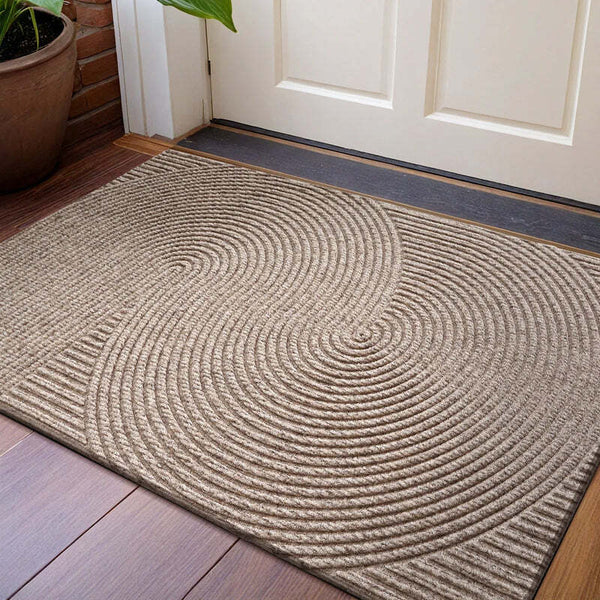Beige circular 3D groove doormat placed at front entrance on wooden flooring, creating a warm and modern look.