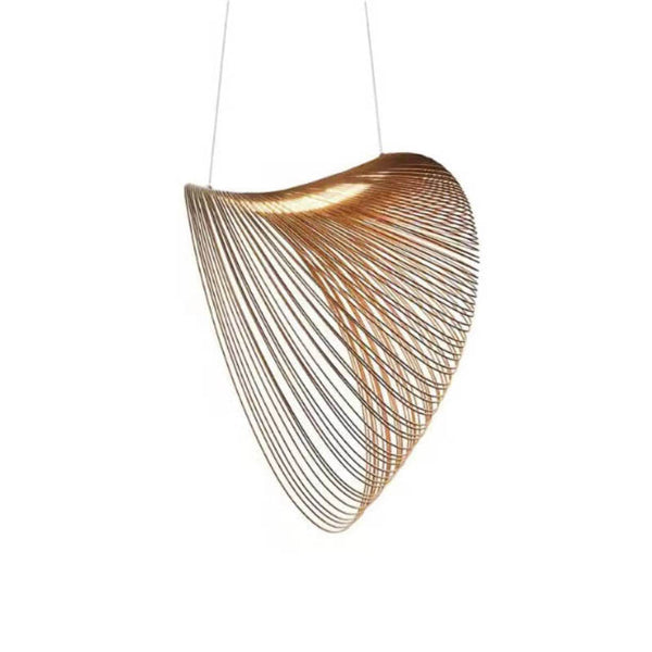 Modern beech wood pendant light with curved spiral design, minimalist ceiling lamp for Nordic dining or living spaces.