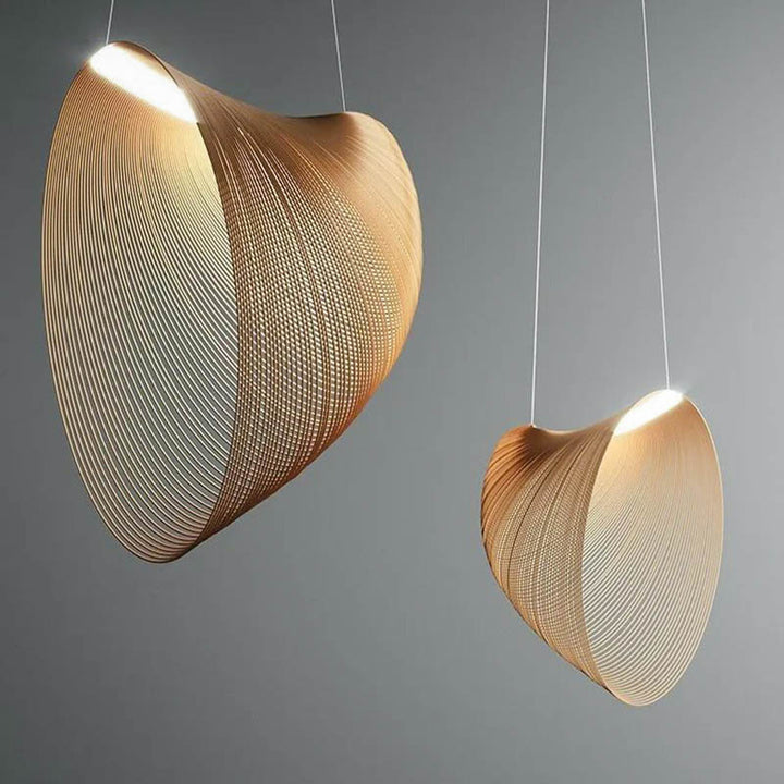 Beech wood pendant light in airy, Nordic-style kitchen with wooden furniture and floor-to-ceiling windows.