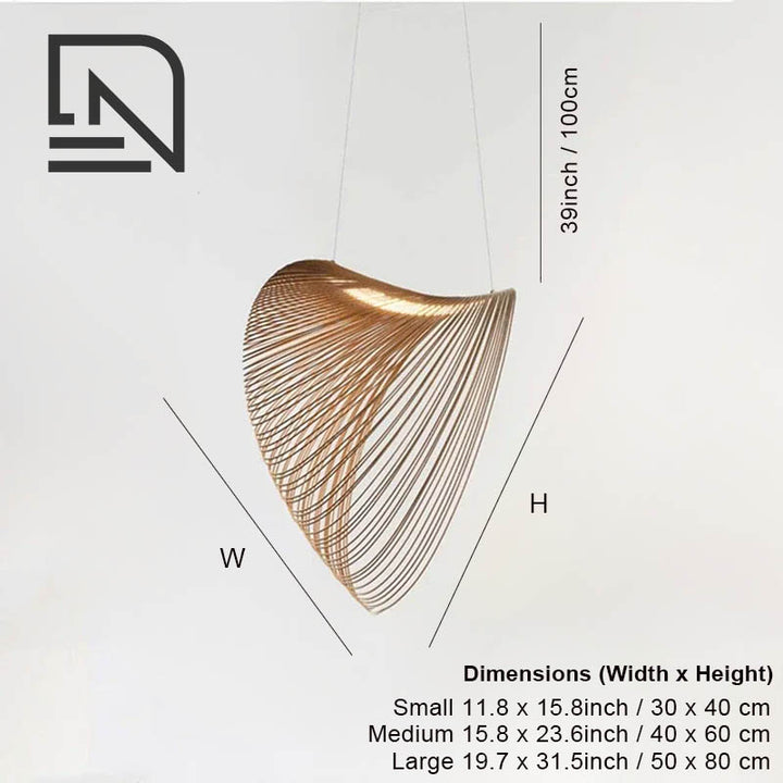 ENBIRK pendant lamp size guide with dimensions for small, medium and large curved beech wood ceiling light.