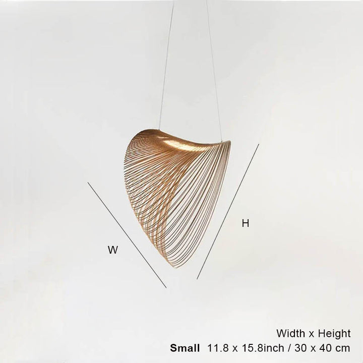 Front profile of ENBIRK pendant light, sculptural beech wood ceiling lamp shown with height and width reference. Size Small