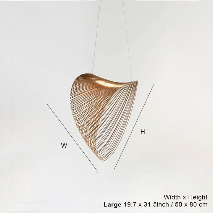 Front profile of ENBIRK pendant light, sculptural beech wood ceiling lamp shown with height and width reference. Size Large