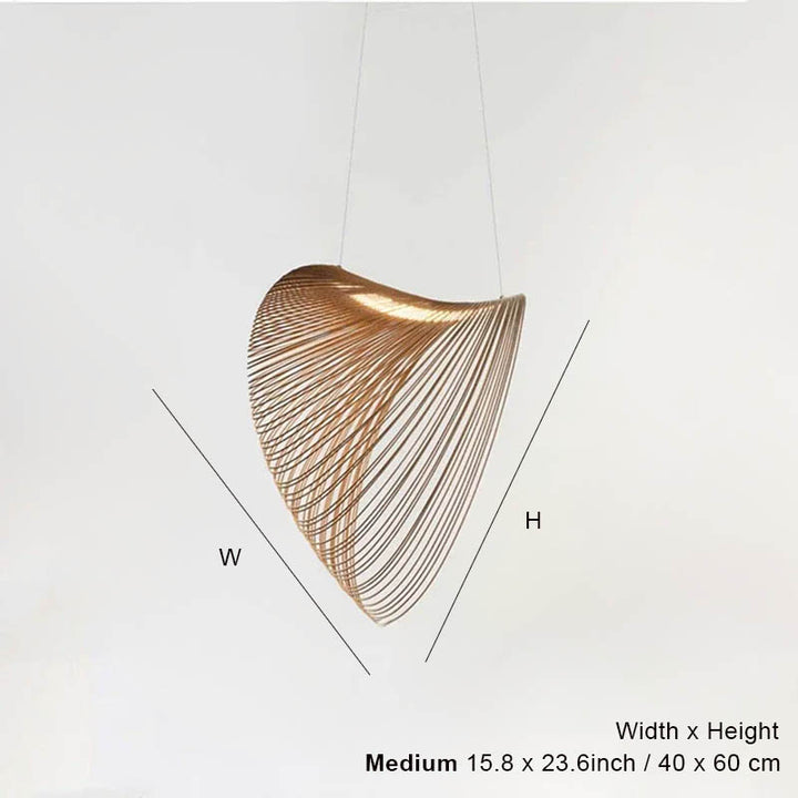 Front profile of ENBIRK pendant light, sculptural beech wood ceiling lamp shown with height and width reference. Size Medium